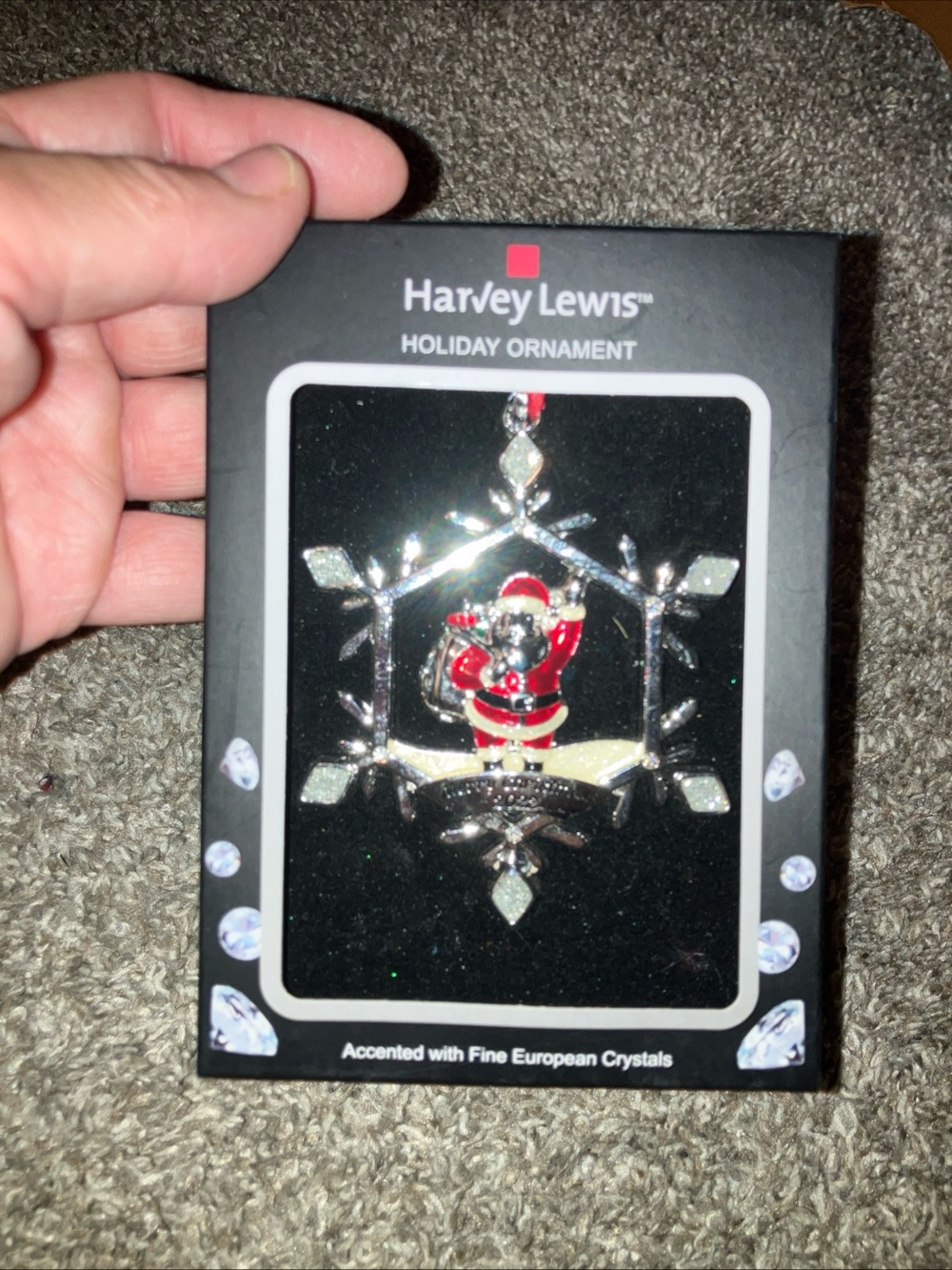Harvey Lewis Red Santa Crystal Holiday Ornament New